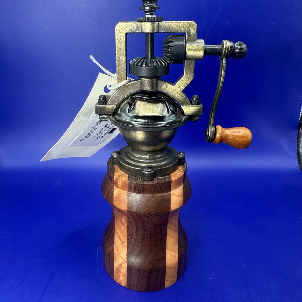 Hand Turned Pepper Grinder: Antique Style Mixed Woods Base. Walnut and Cherry.